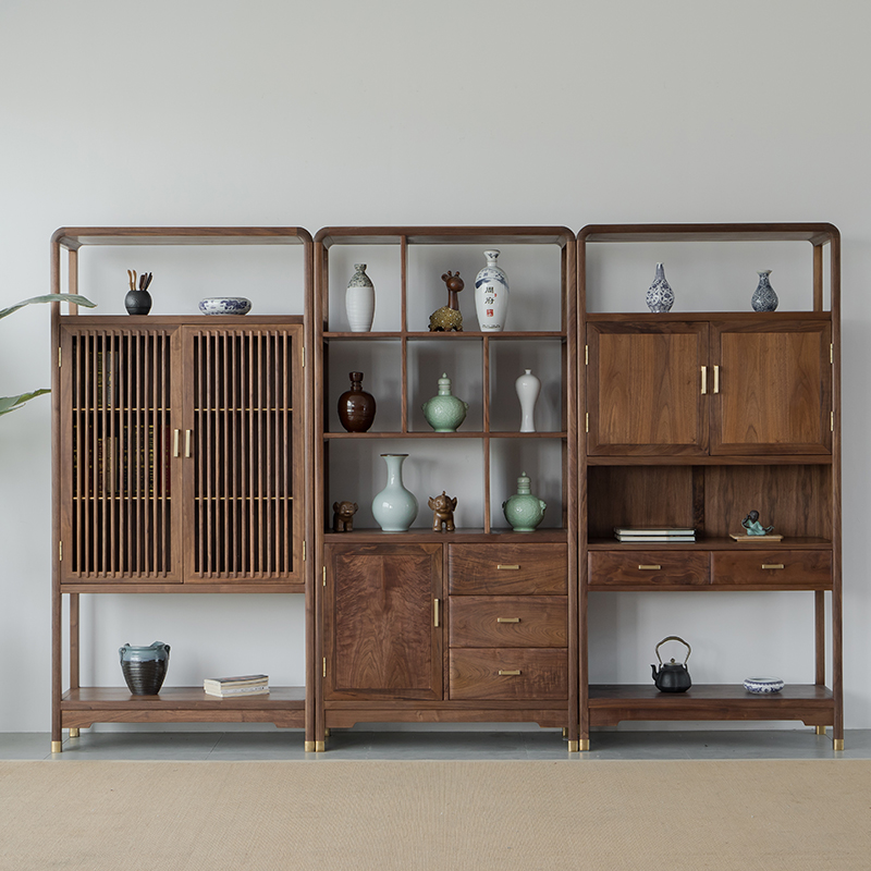 禅意新中式老榆木多宝阁博古架实木中式隔断黑胡桃简约现代展示柜