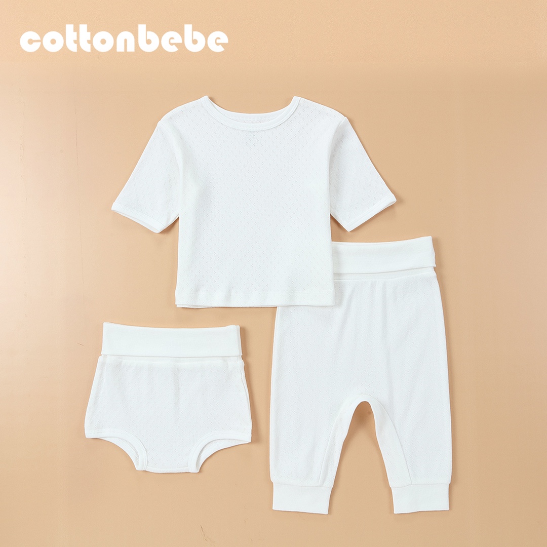COTTONBEBE夏日新品婴儿针孔上衣+裤子（2件套装纯棉儿童童装夏季）