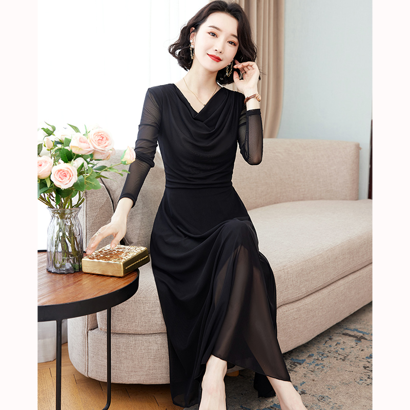 春秋时尚气质网纱长袖连衣裙女2025新款春装修身显瘦长款大码长裙