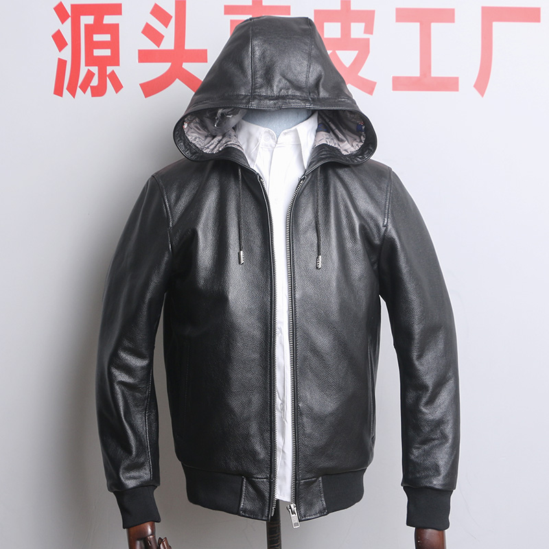 真皮皮衣男头层牛皮夹克韩版修身连帽棒球服春季新款柔软潮流外套