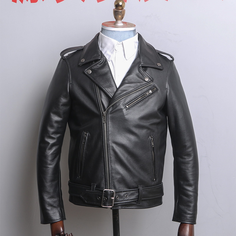 皮真皮皮衣男士新款斜拉链头层牛皮夹克修身短款翻领机车腰带外套