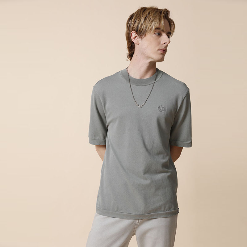 RARE威雅男士夏季新款徽标圆领舒适透气飞狮绣花中高领短袖T恤