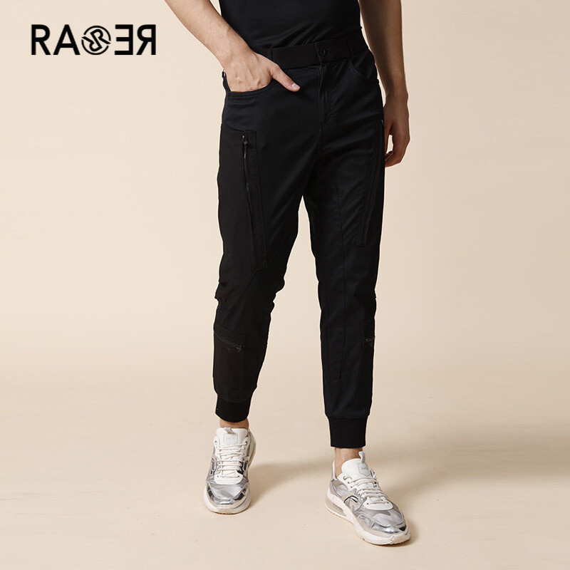 RARE意大利威雅 男装 春夏新款拼接机能风多拉链点缀黑色休闲裤