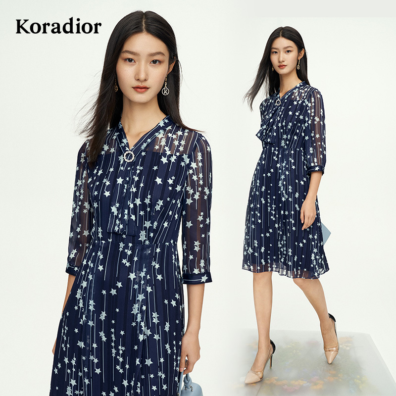  【koradior】珂莱蒂尔夏季时尚收腰显瘦气质印花连衣裙KF05872N5