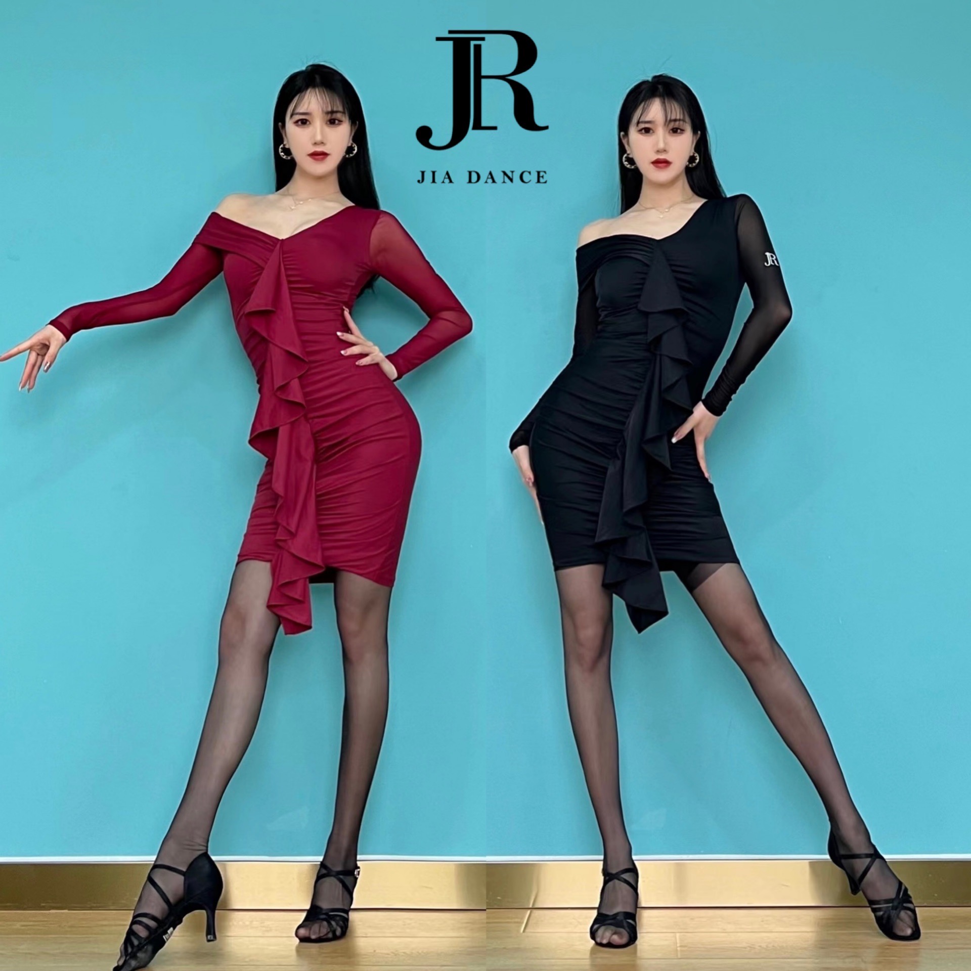 JIA.DANCE拉丁舞新款女波浪褶皱连衣裙长袖露肩演出练习服R85