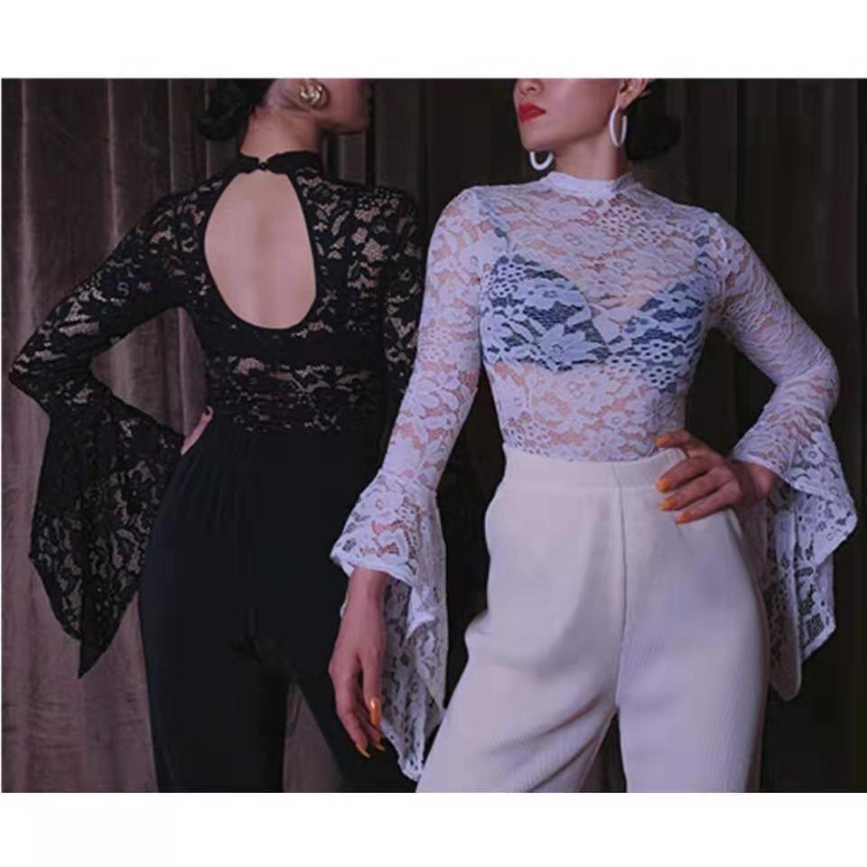 断码清JAZZ水袖连体衣舞蹈风蕾丝爵士舞蹈服修身性感长袖