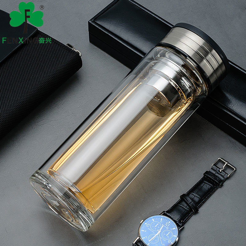 奋兴双层玻璃杯男士办公泡茶杯水杯便携随手杯家用商务杯FX1686