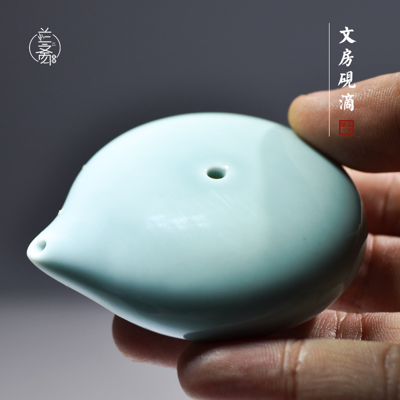 陶瓷砚滴水滴水注哥窑迷你文房四宝摆件墨条研墨把玩青色釉面