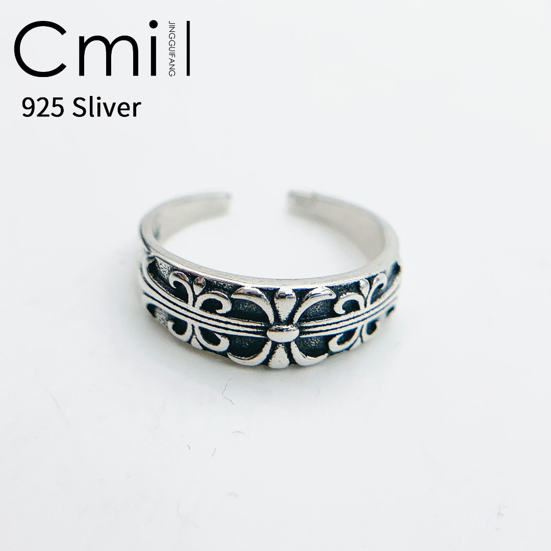 Cmill/晶贵坊 925银戒指 【尾戒】中性十字架开口戒 可做耳夹通勤
