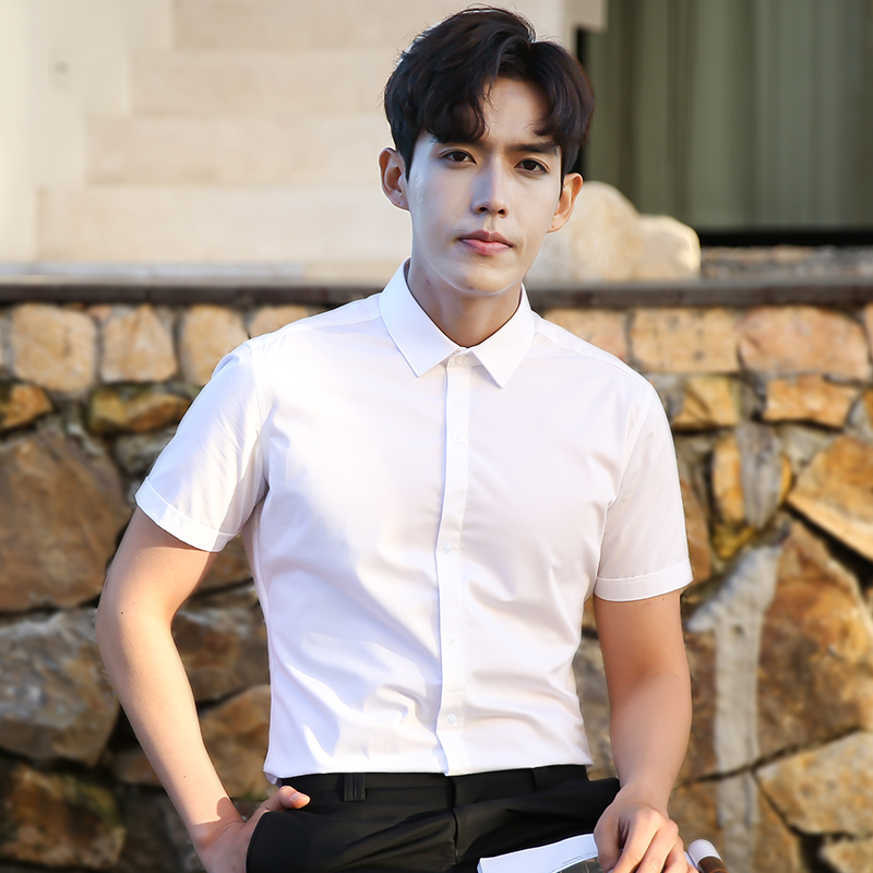 （方领-短袖-60棉）白色衬衫男短袖夏季商务正装工作服免烫修身上班