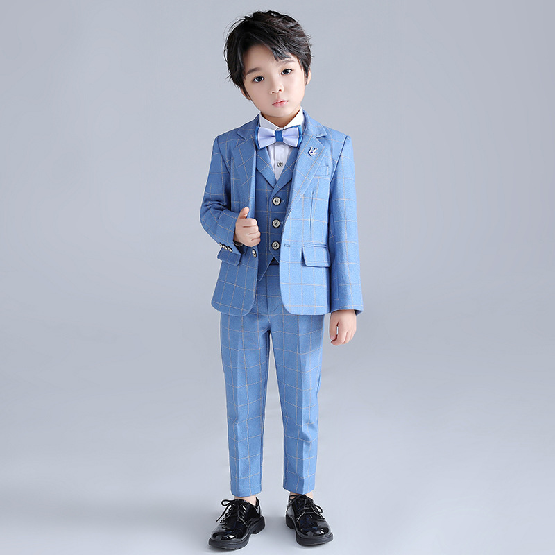 男童西装套装三件套春秋款中小童小西服英伦风格子花童礼服表演服
