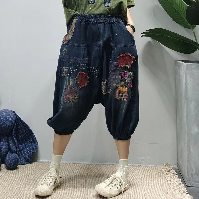 小红家新款大码宽松拼接哈伦裤贴布牛仔老爹裤夏季薄款个性潮流