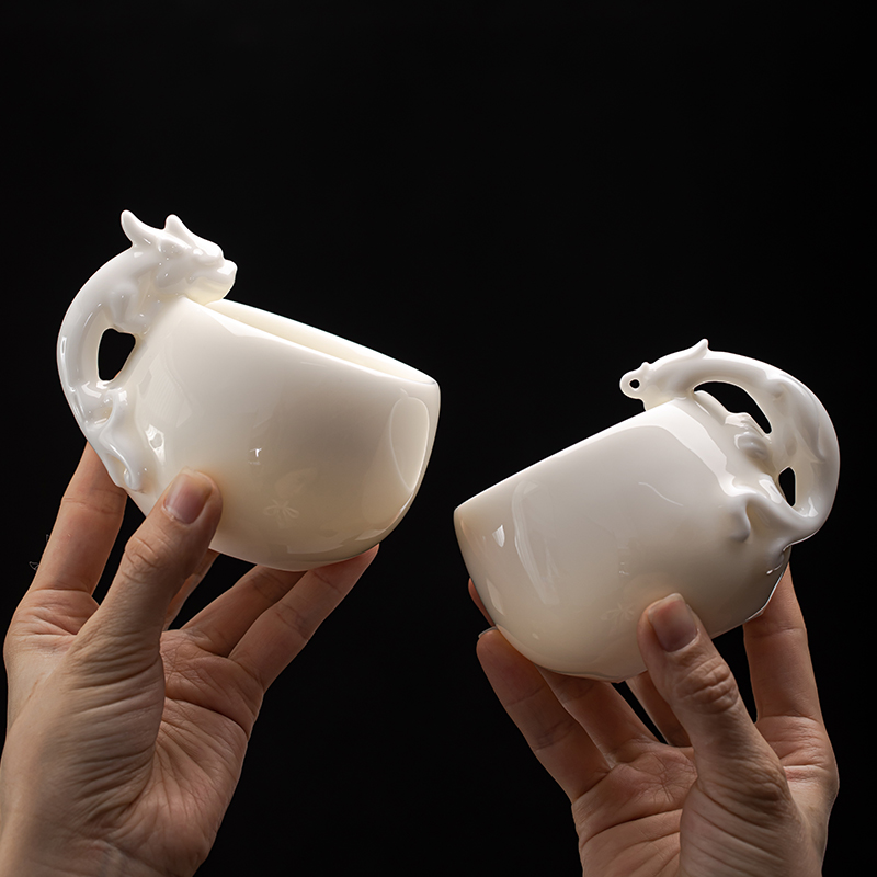 御凡羊脂玉白瓷茶杯陶瓷大师主人杯中国白龙凤对杯大号高端品茗杯