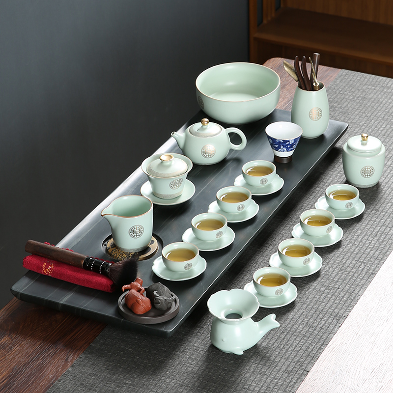 御凡汝窑茶具套装家用客厅乌金石功夫茶茶盘泡茶茶壶冰裂办公室