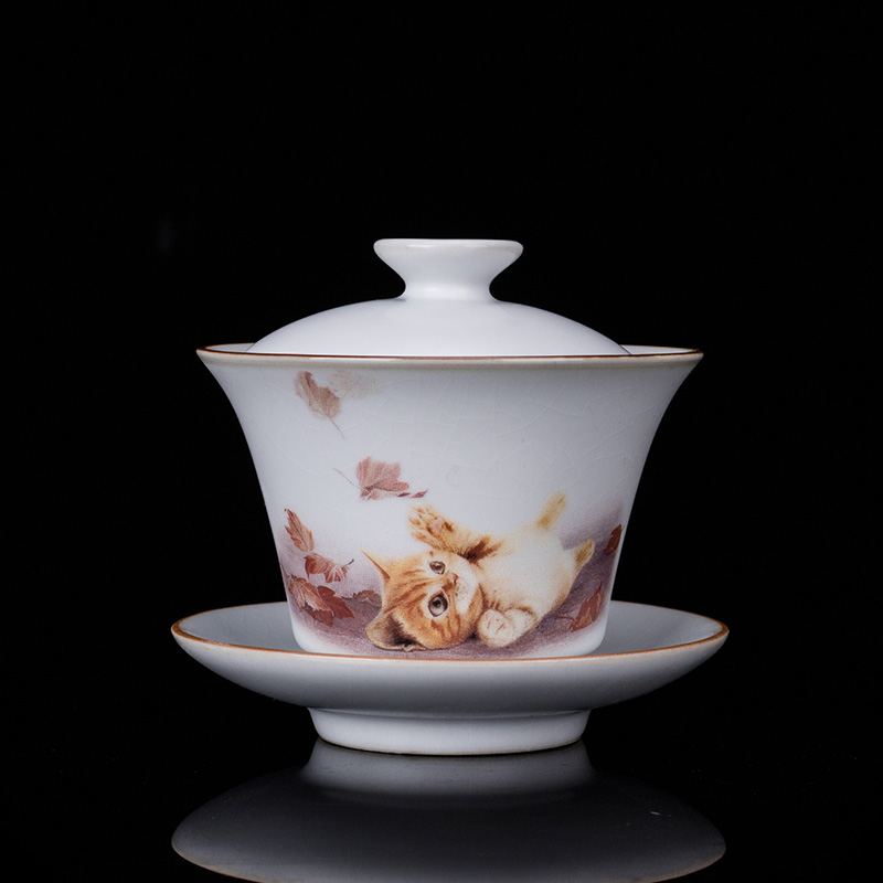 御凡象牙白汝窑盖碗纯手工开片大号茶碗功夫茶具茶杯子三才泡茶碗