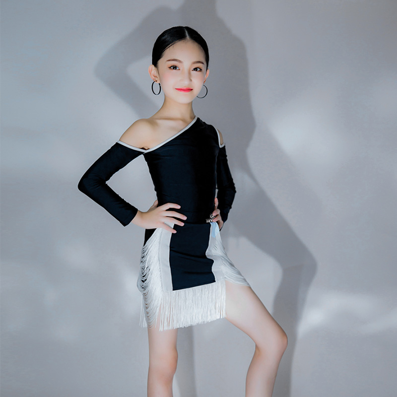 乐雅池春夏款拉丁舞练功服(线）少儿儿童女童舞服流苏黑色套装
