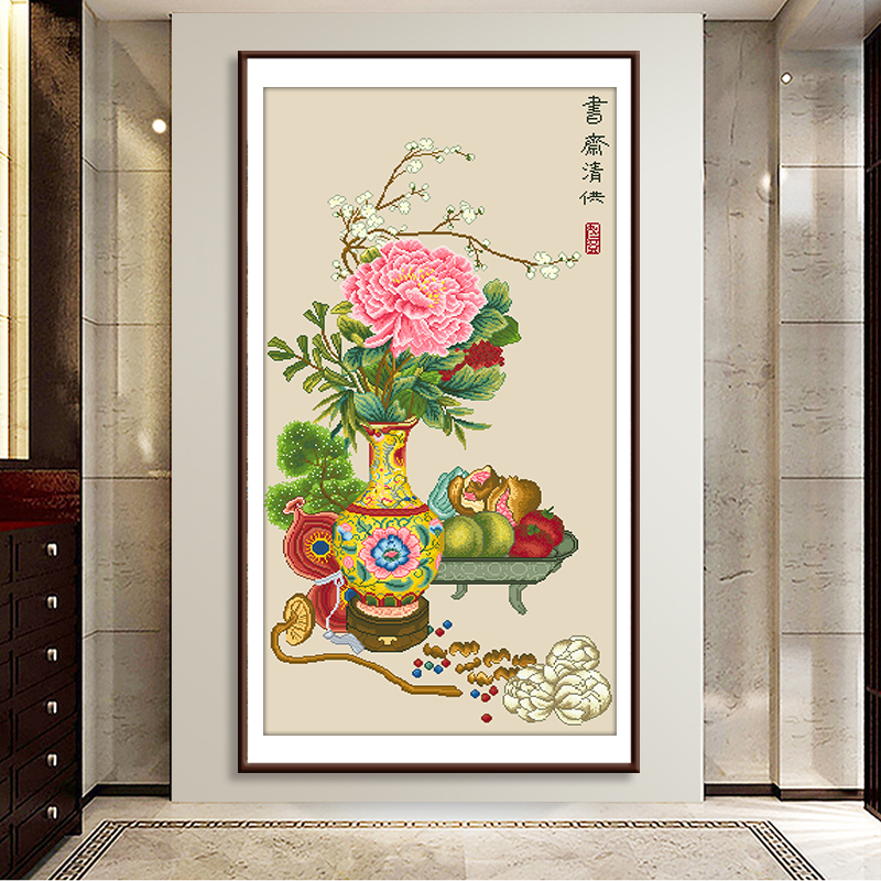 芊虹秀书斋清供图十字绣2025新款线绣客厅新中式竖版名画手工自绣