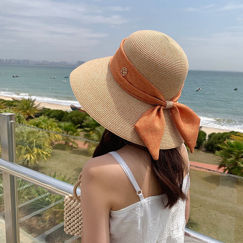 草帽女夏天韩版百搭大檐防晒遮阳帽时尚M字母飘带太阳帽沙滩帽子