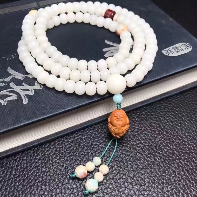 白玉菩提根6x8搭配橄榄核一心向佛男女情侣手串手链脖挂链