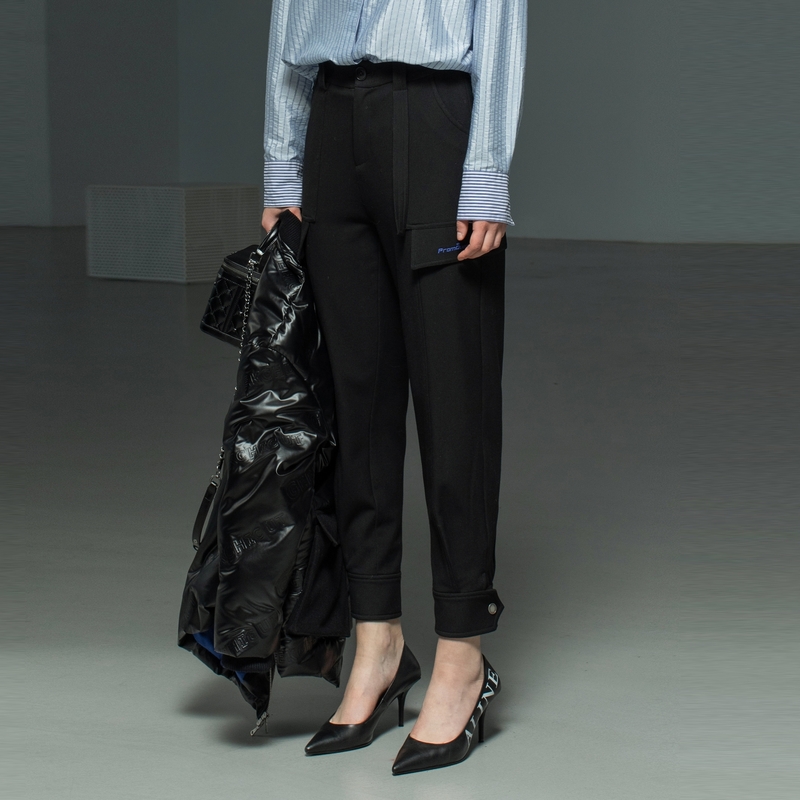 U/TI 微胖女生裤子 直筒显瘦时尚黑色休闲工装风小脚休闲裤