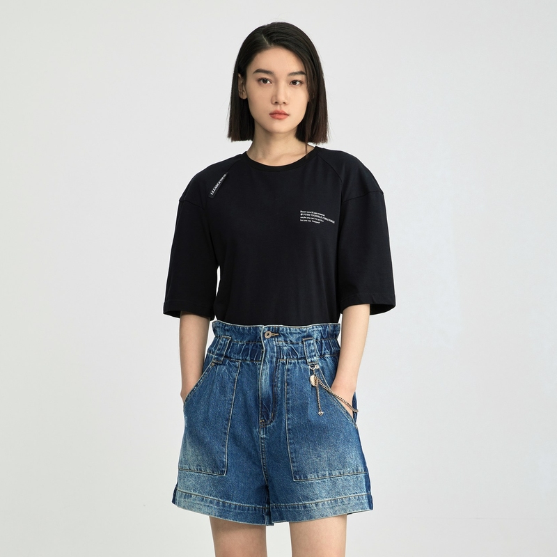 ..U/TI 街头个性潮感肩线T恤女宽松休闲短袖上衣