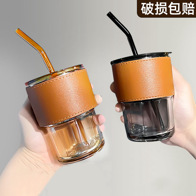 创意竹节杯玻璃杯带盖吸管式杯子大容量直饮喝水杯便携随手奶杯子