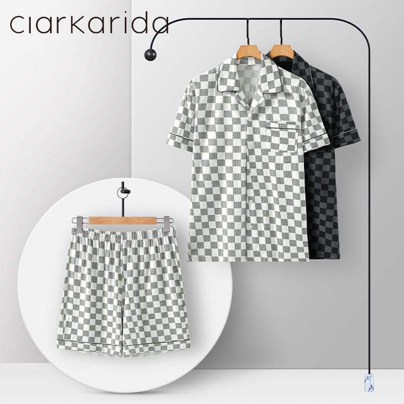 Clarkarida莫代尔格子男士睡衣夏季薄款短袖格纹翻领家居服套装
