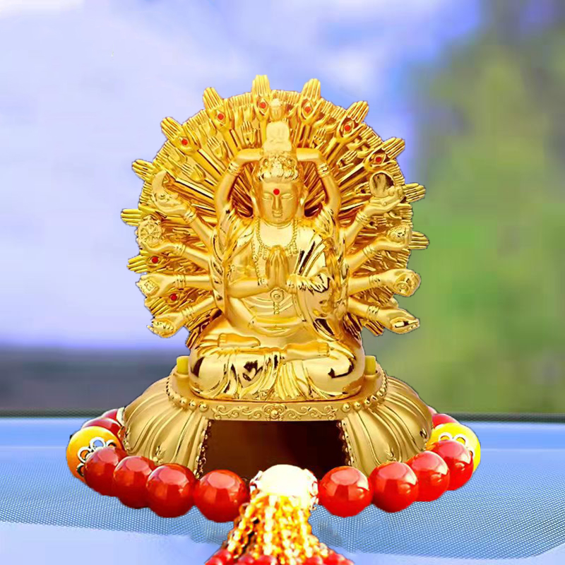 车载太阳能千手观音自动旋转创意个性双面观音汽车内装饰用品摆件