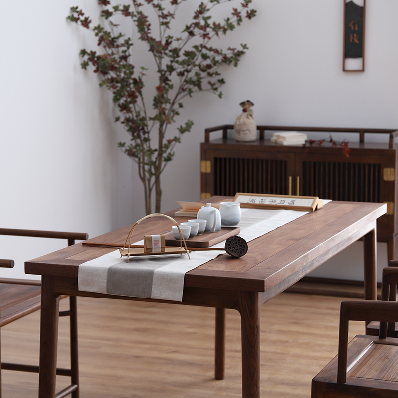 有枝新中式实木餐桌椅子家用小户型轻奢黑胡桃木客厅茶桌简约现代