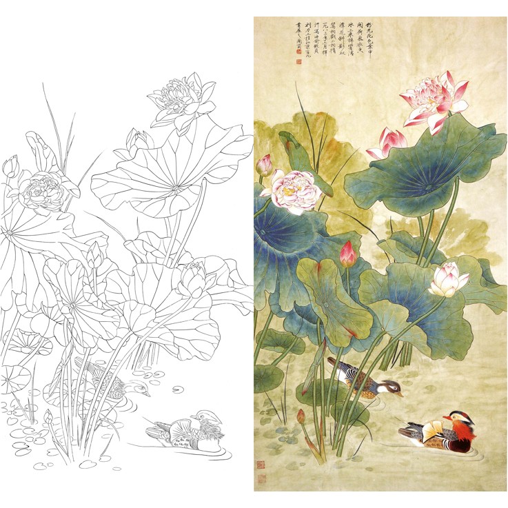 工笔画白描底稿俞致贞荷花鸳鸯图原大实物打印稿82*157含A3彩图