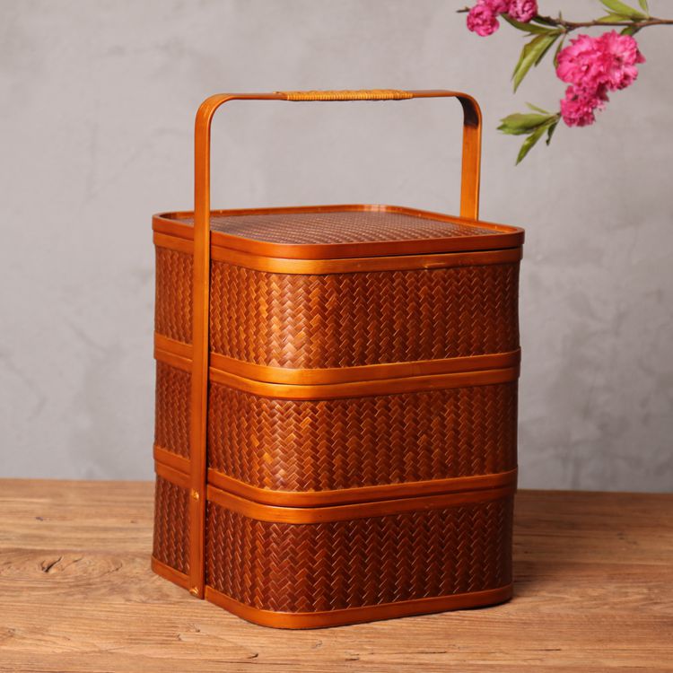 手工竹编藤编提篮多层食盒茶点盘茶具月饼点心篮子筐子收纳筐盒子