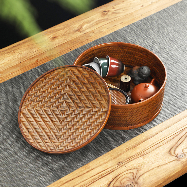 大漆竹编茶具收纳盒全手工家用带盖收纳筐日式托盘竹筐圆形便携