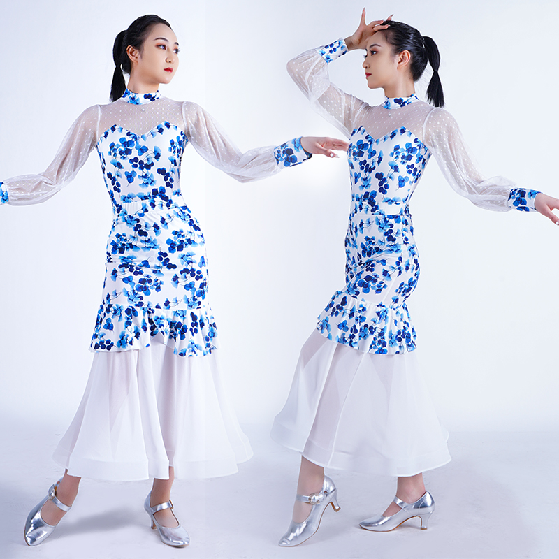 YAW新款交谊舞女上衣长袖摩登舞裙子高端时尚国风舞蹈服套装S2789