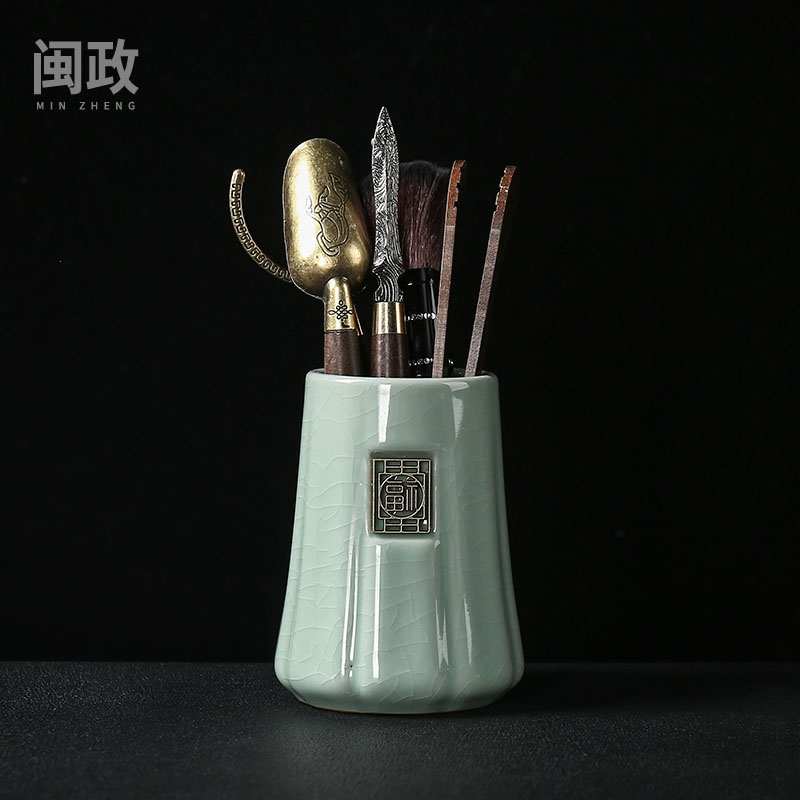 闽政黑檀木茶具配件茶道六君子套装冰裂纹陶瓷泡茶工具大全笔茶夹