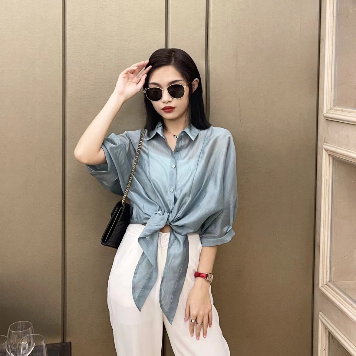 新款衬衫女夏季外穿薄款时尚气质显瘦百搭设计感小众天丝衬衫