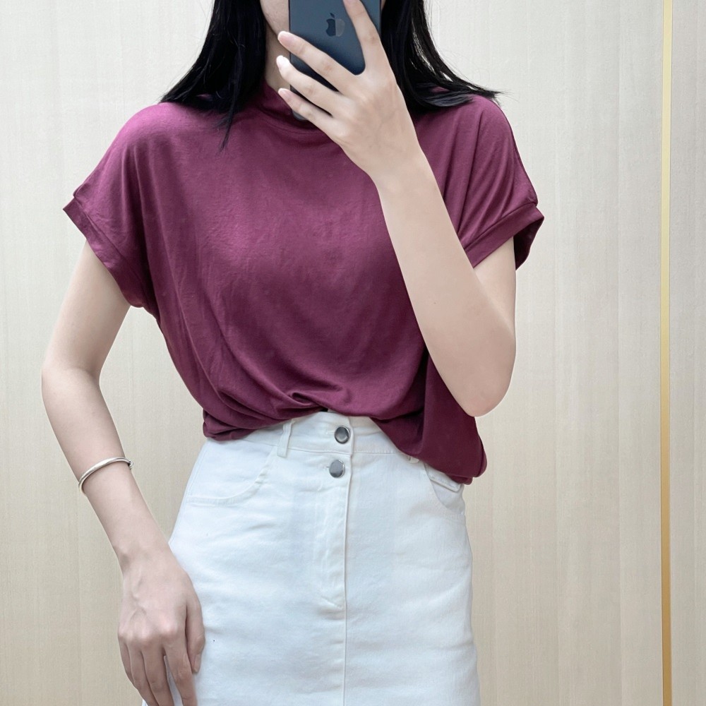 莫代尔春秋面膜T半高领蝙蝠袖简约时尚百搭休闲纯色上衣