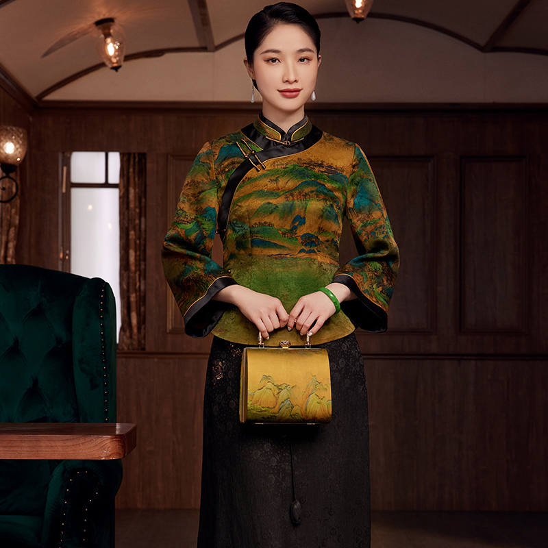 玺玥【千里江山】桑蚕丝花罗香云纱古典中式绿色长袖唐装上衣E22063