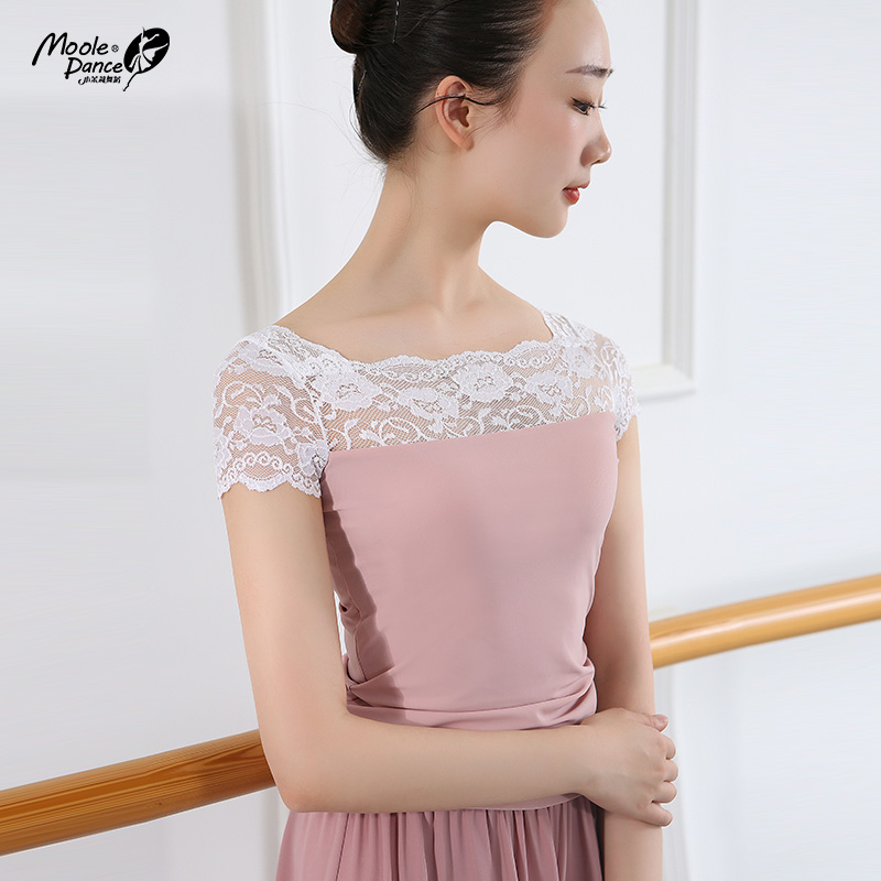小茉莉大圆领蕾丝绣花短袖ol舞蹈服练功服成人女芭蕾舞形体服上衣
