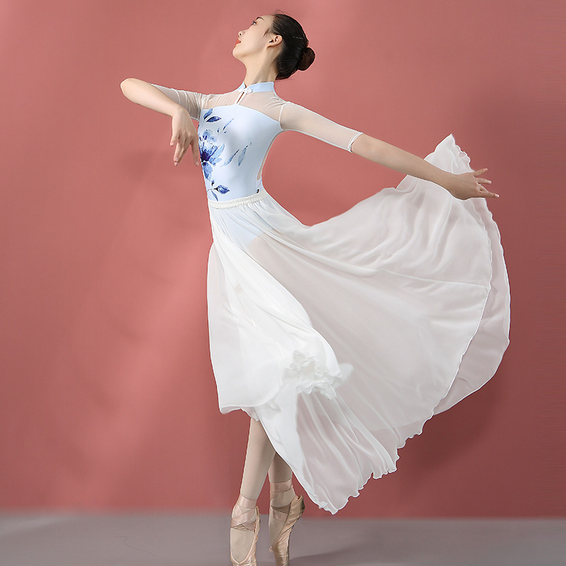 小茉莉舞蹈裙女白色古典舞珍珠雪纺长裙成人练功服古典舞蹈服装