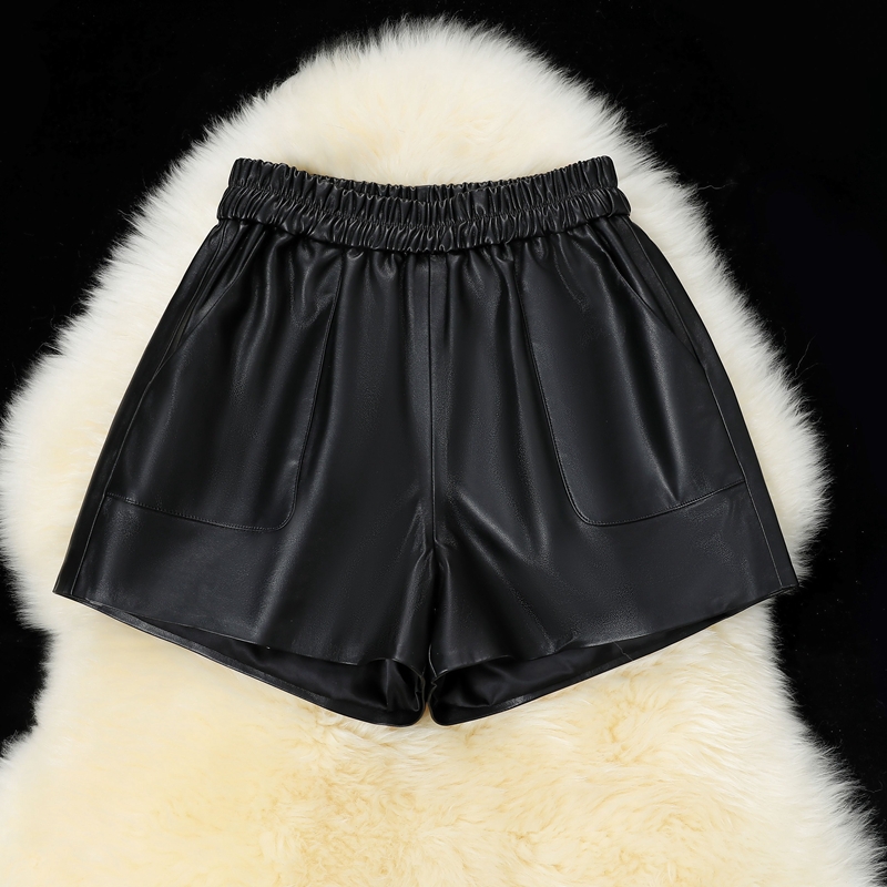 2024海宁真皮短裤女绵羊皮新款皮裤爆款高腰外穿时尚阔腿裤韩版