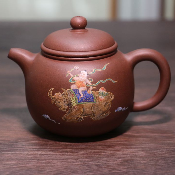 闻佳颖《龅尊壶》230ml珐琅彩童子骑牛图生肖牛壶中式双色