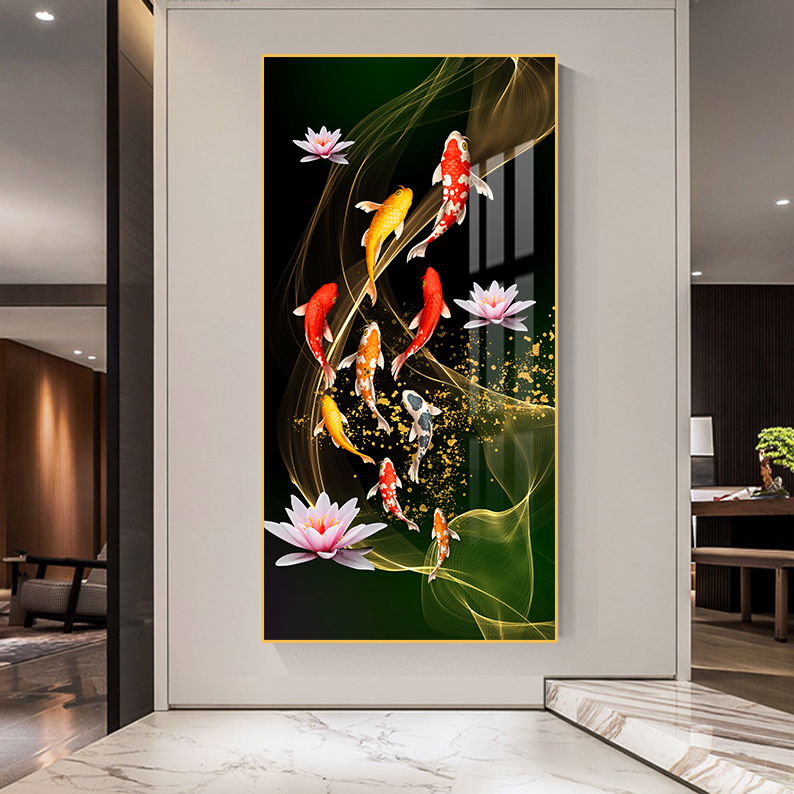 【高质】入户玄关装饰画新中式九鱼图走廊过道竖版挂画晶瓷画镶钻