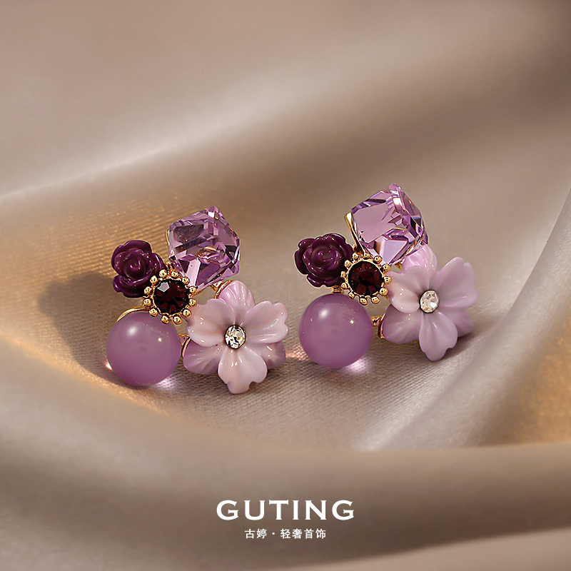 铜合金合成锆石耳饰 7842超仙小清新紫色耳环法式温柔甜美风饰品