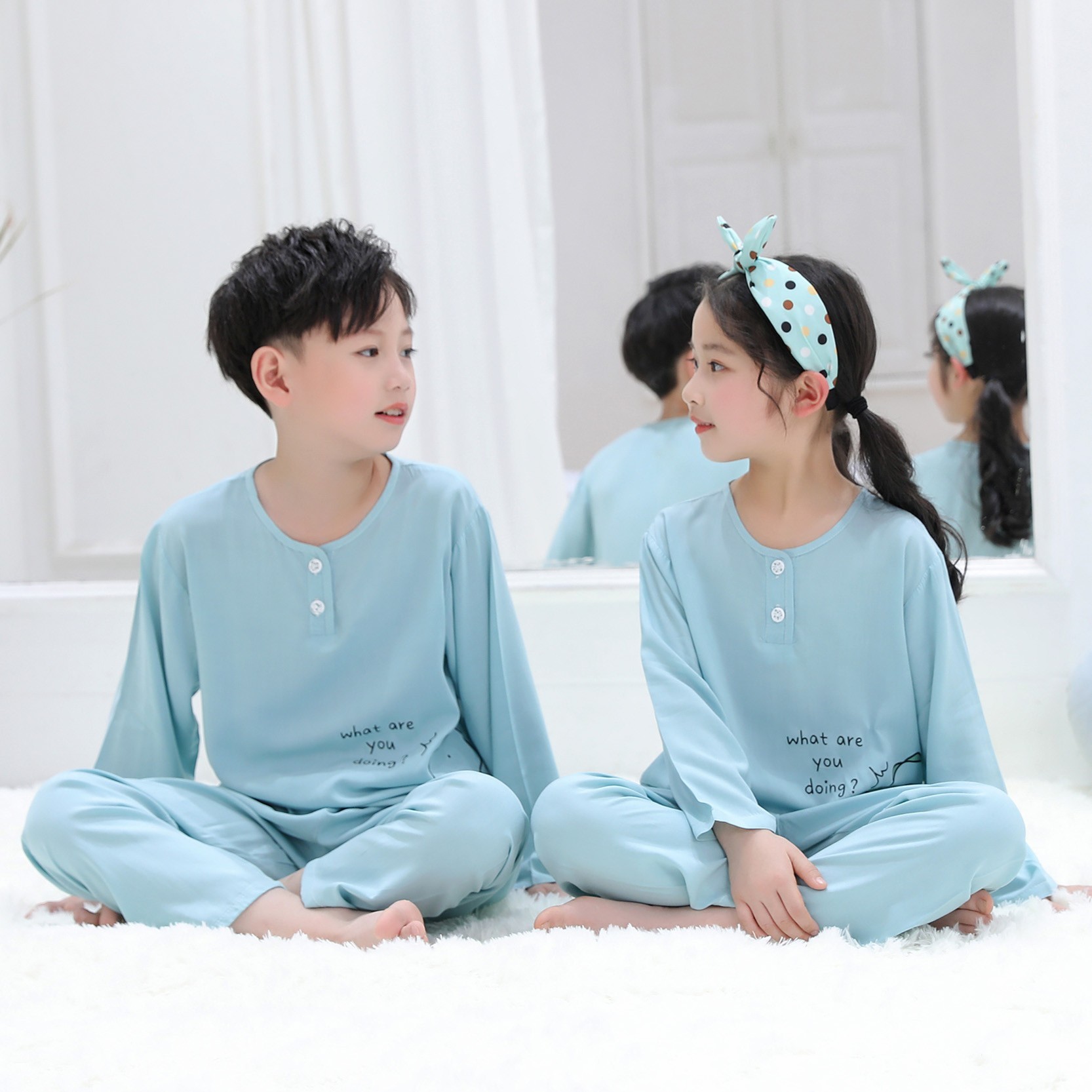 [清仓! 抢]儿童睡衣春夏薄款女童男童竹节棉纯色空调服家居服套装