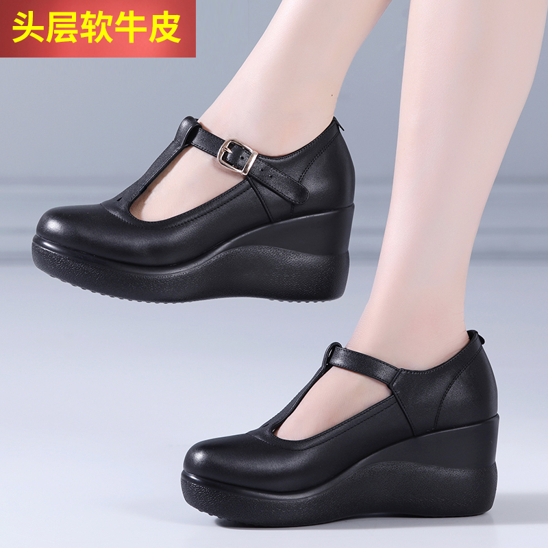 头层牛皮舒适坡跟浅口圆头单鞋脚背带日常休闲松糕厚底摇摇真皮鞋