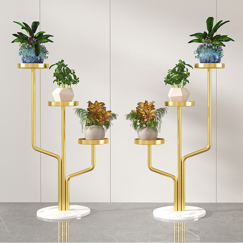 法仕欧北欧轻奢铁艺大理石三杆仙人掌花架落地多层阳台室内花盆架