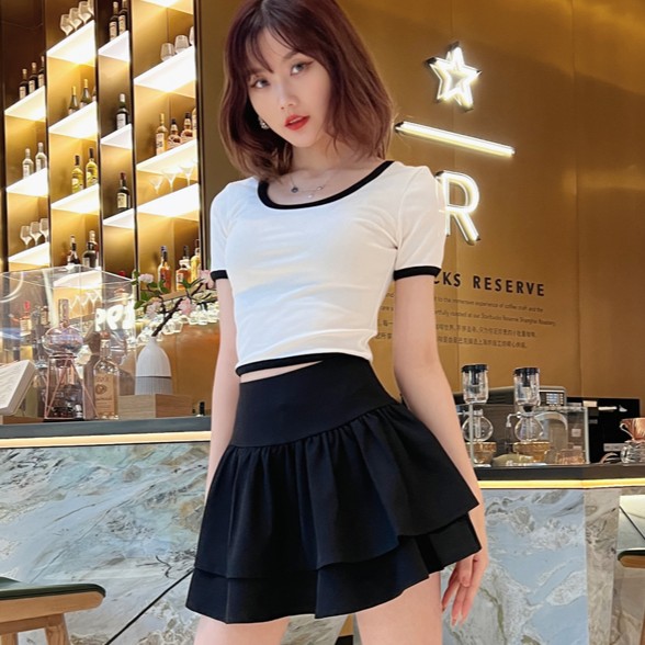 省心穿搭大荷叶边拼接高腰裤裙时尚春夏新品不规则a字显瘦短裙女
