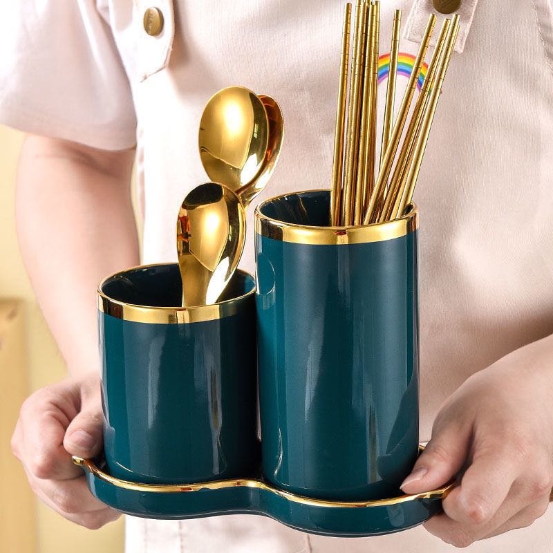 【新疆包邮】北欧轻奢墨绿陶瓷双筷筒家用筷子收纳餐具收纳沥水筒