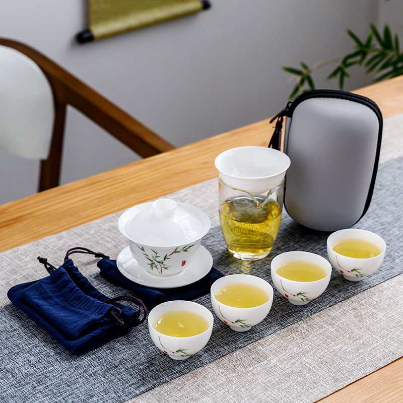 羊脂玉旅行功夫茶具简约小套装一壶四杯便携包式快客旅游盖碗泡茶