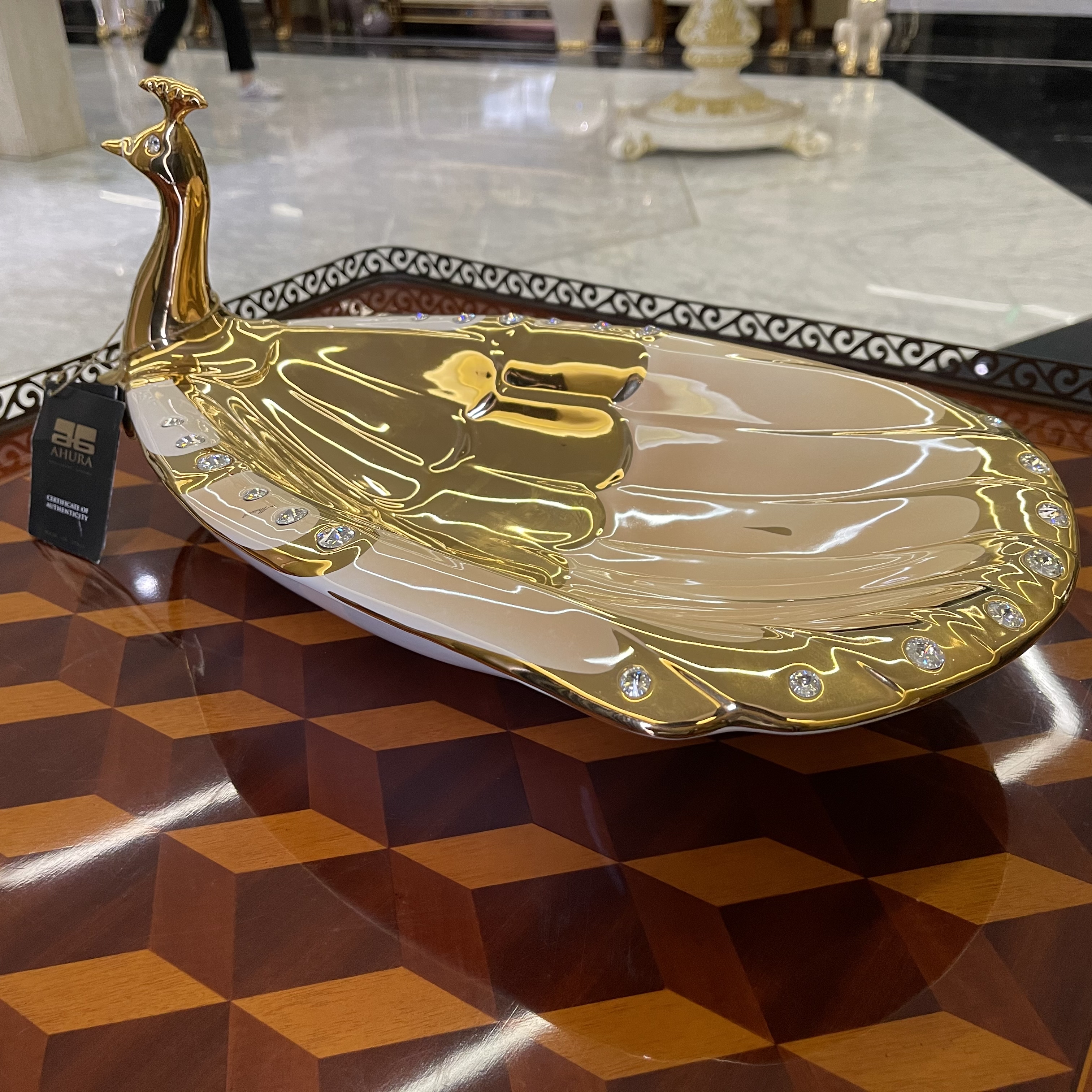 Ahura意大利进口精品陶瓷孔雀果盘，施华洛世奇水晶镶嵌工艺